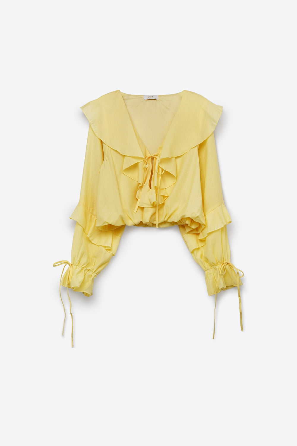 Blusa Gialla a Maniche Lunghe con Volant e Nodo Davanti