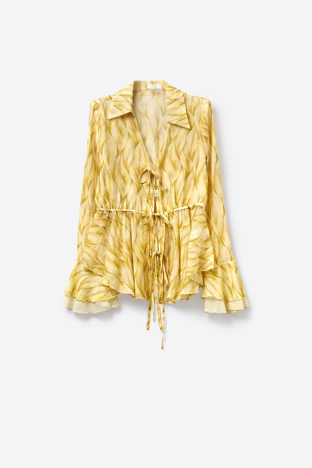 Blusa Gialla Trasparente con Stampa e Cintura in Vita con Orlo Arricciato