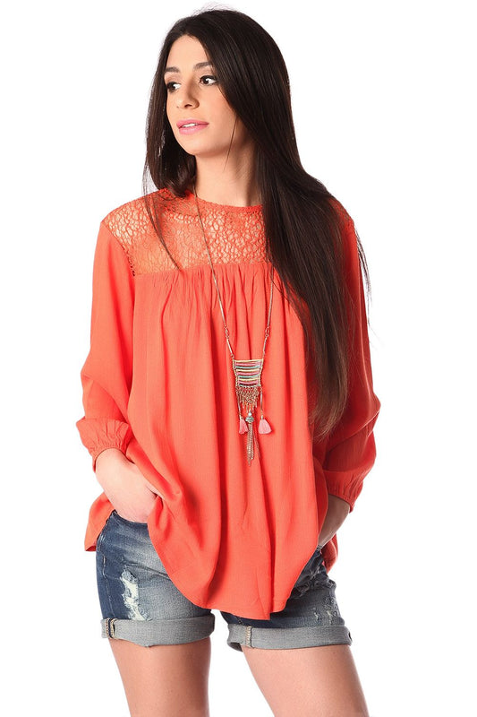 Q2 Blusa grembiule con reticolo arancio