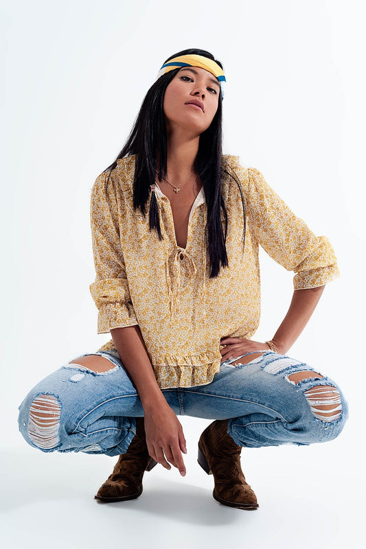 Q2 Blusa in chiffon con laccetti davanti e stampa a fiorellini giallo
