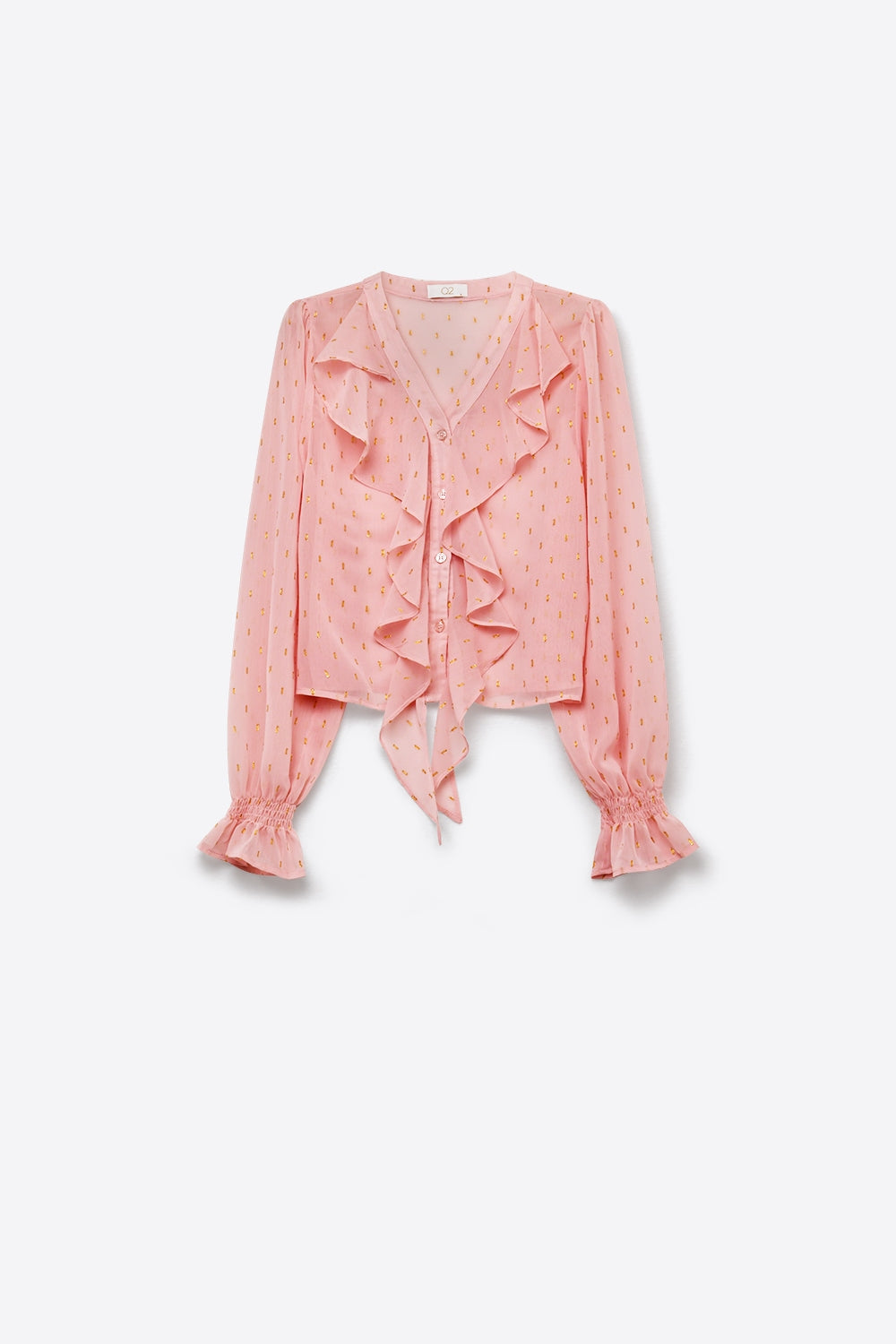 Blusa in Chiffon con Volant e Bottoni a Pois Dorati in Rosa Chiaro
