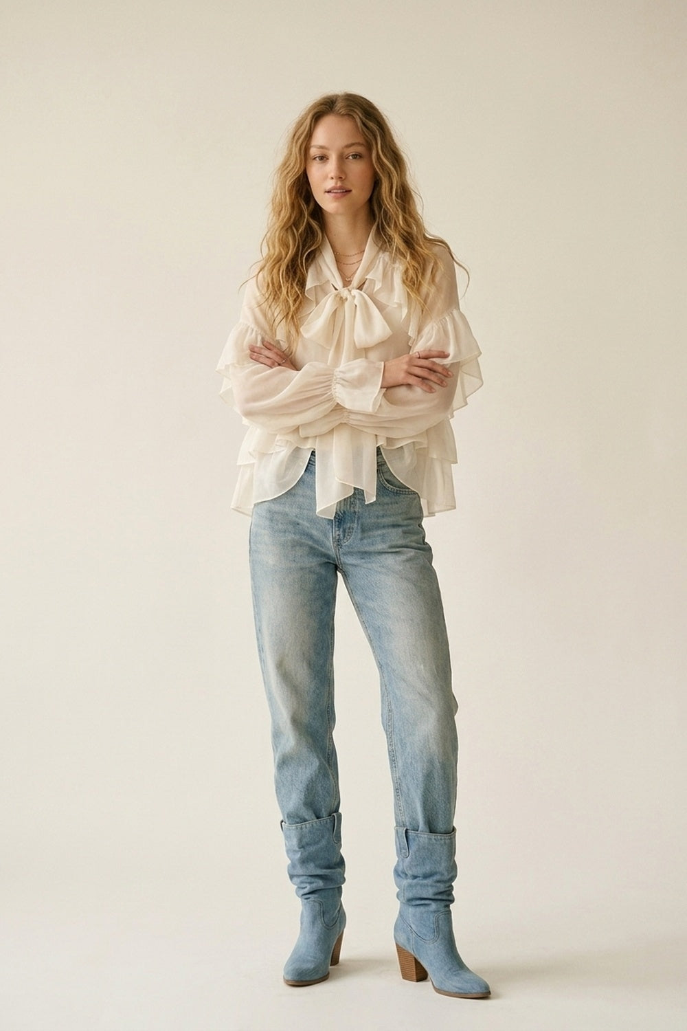 Blusa in Chiffon Crema con Volant Sfumati