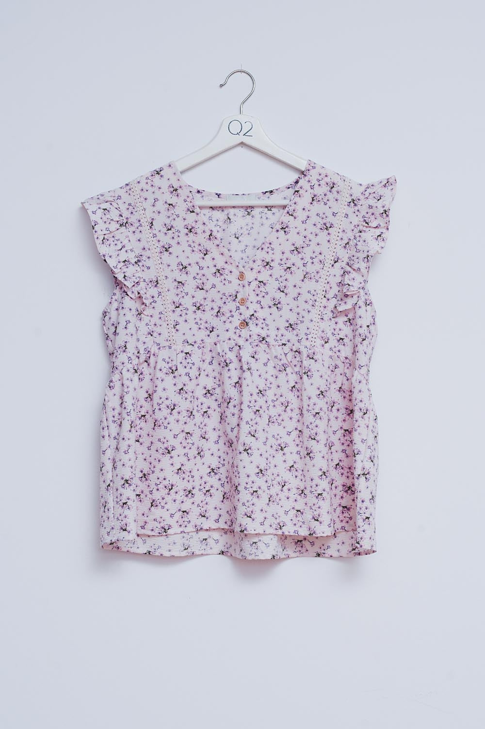 Q2 Blusa in lilla con volant e ricamo