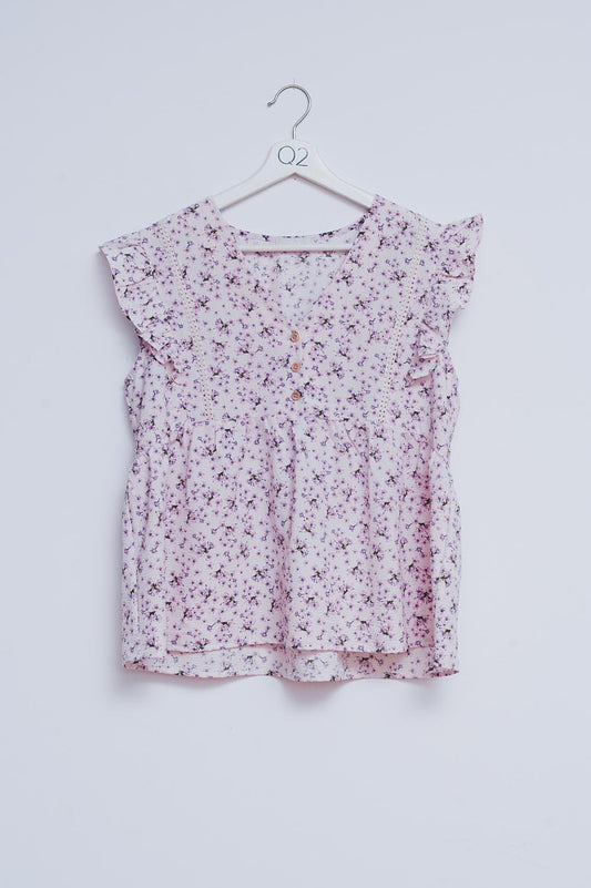 Q2 Blusa in lilla con volant e ricamo