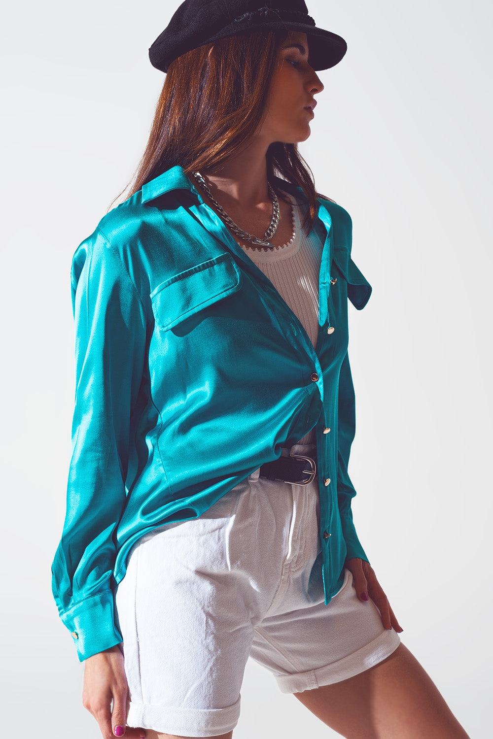 blusa in raso turchese