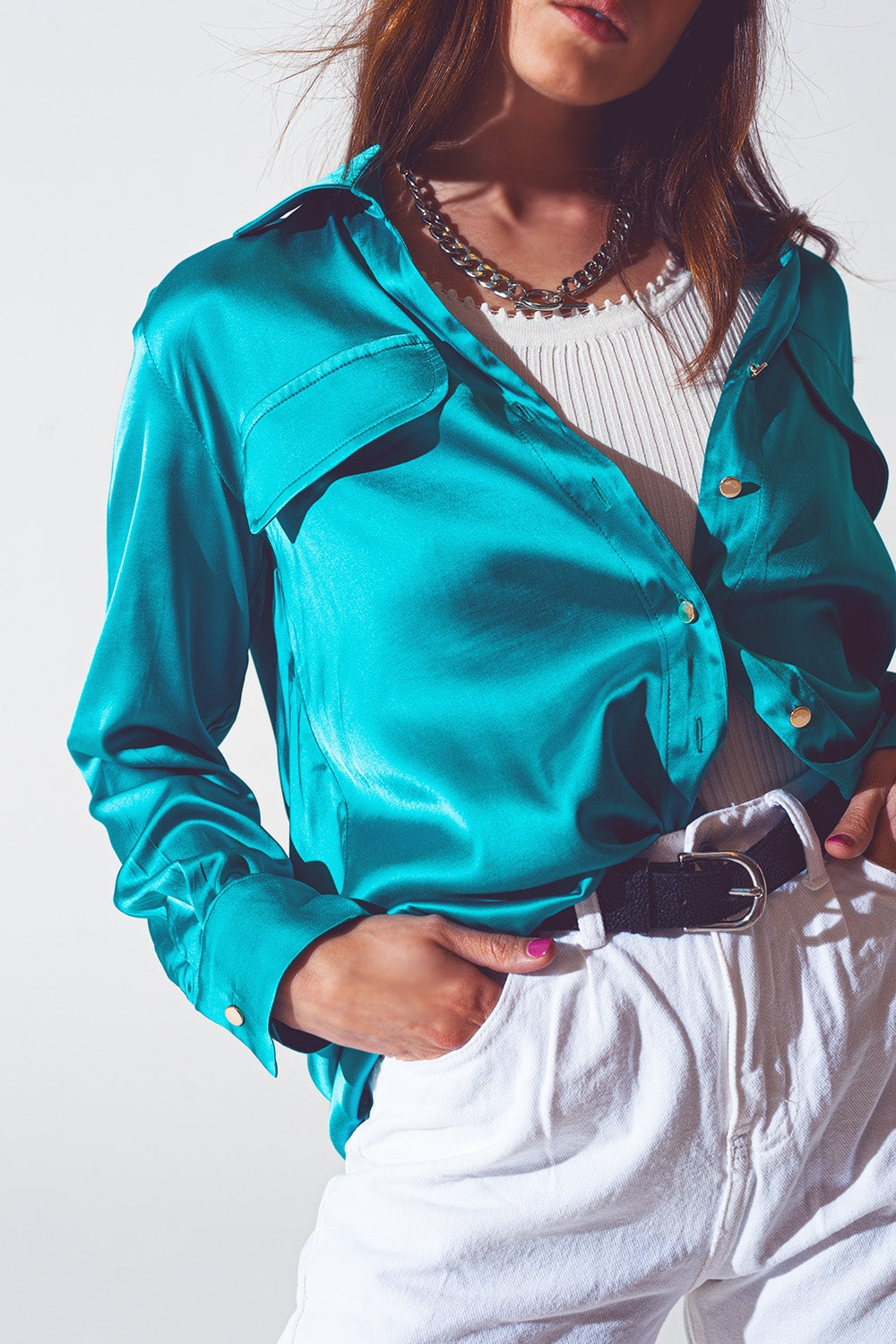 blusa in raso turchese