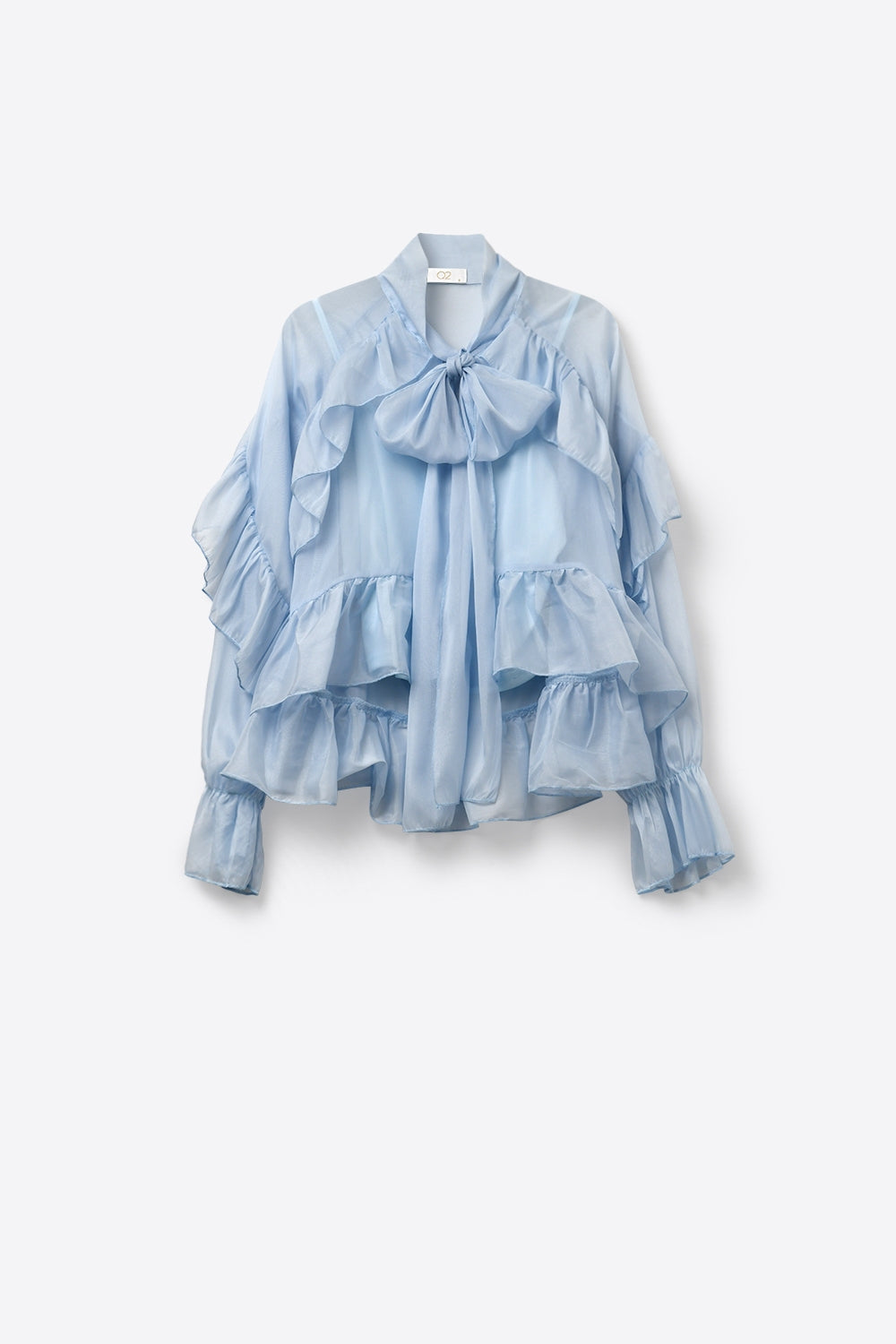 Blusa leggera azzurra con volant trasparenti in tessuto di chiffon