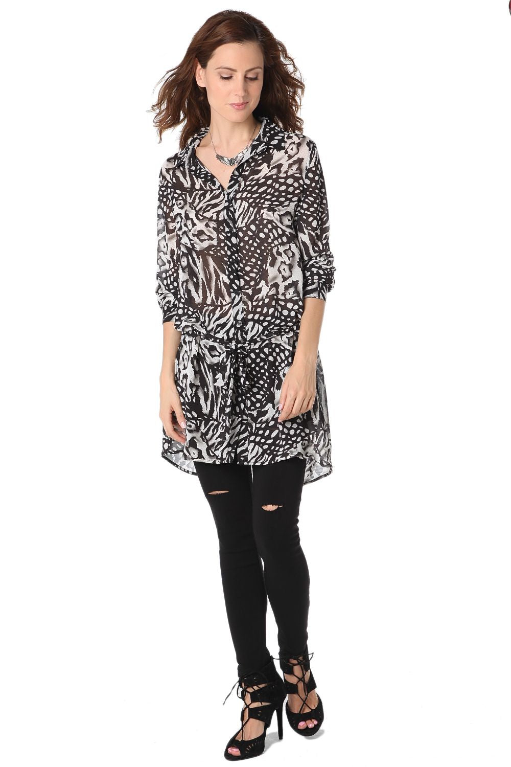 Blusa lunga in chiffon con stampa animalier