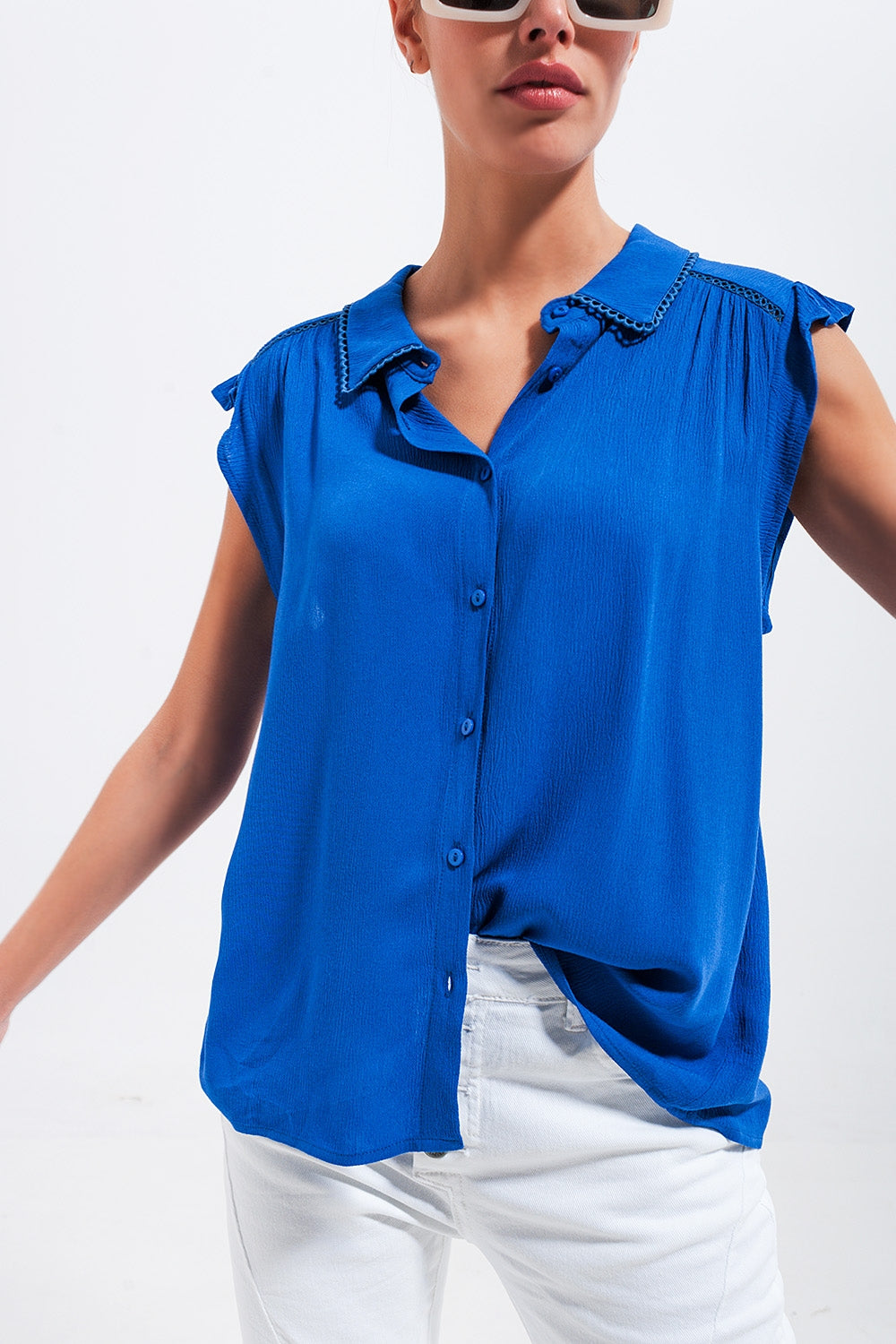 Blusa maniche con volant blu