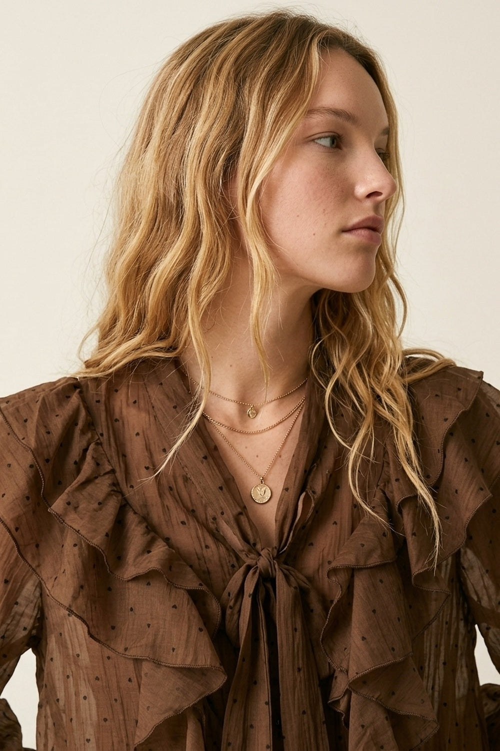 Blusa Marrone Trasparente a Pois con Collo a Fiocco
