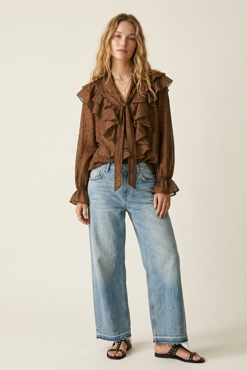 Blusa Marrone Trasparente a Pois con Collo a Fiocco