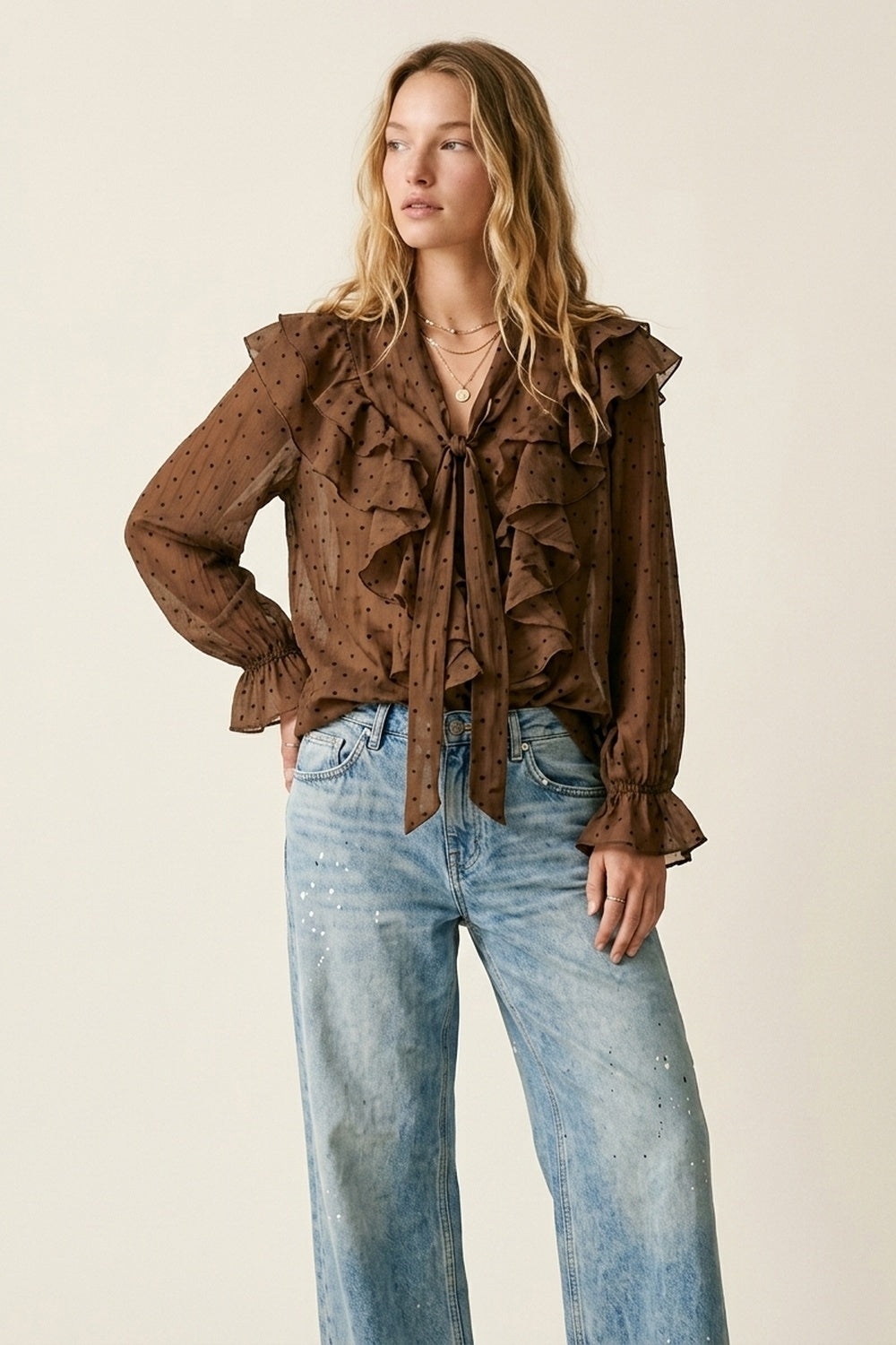 Blusa Marrone Trasparente a Pois con Collo a Fiocco