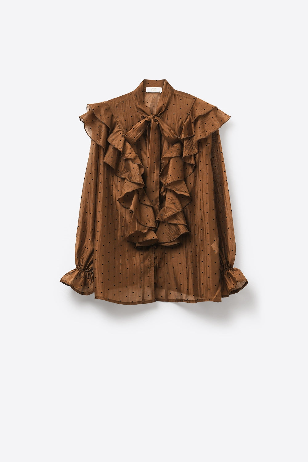 Blusa Marrone Trasparente a Pois con Collo a Fiocco