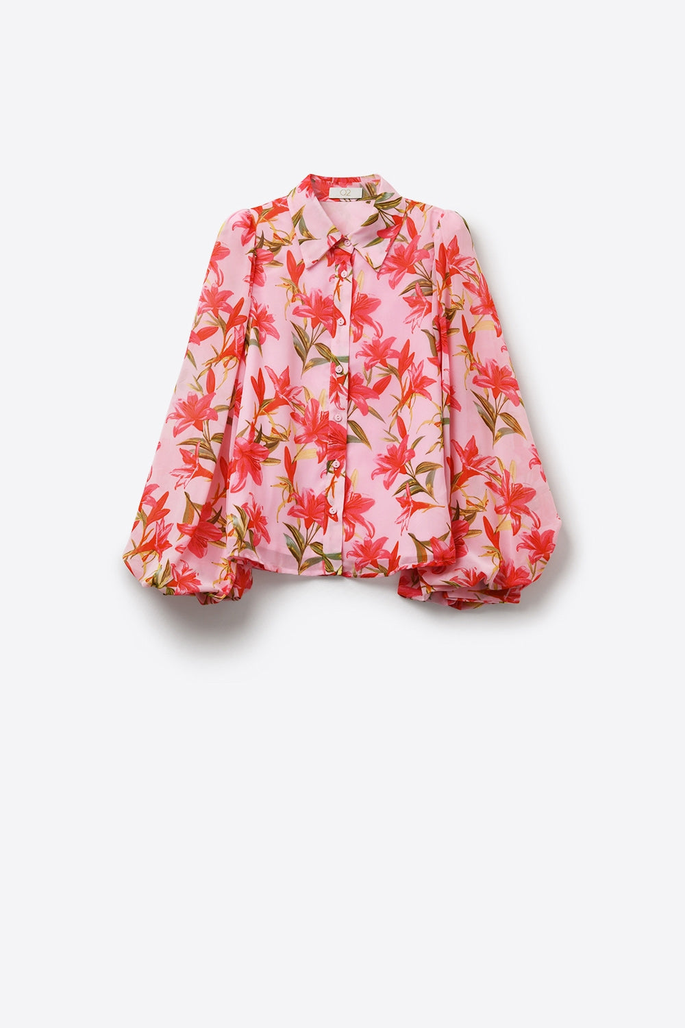 Blusa rosa con stampa floreale e bottoni maniche a palloncino in chiffon