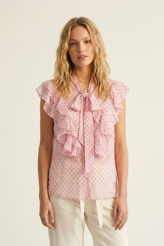 Q2 Blusa smanicata con fiocco e volant in chiffon a pois rosa chiaro