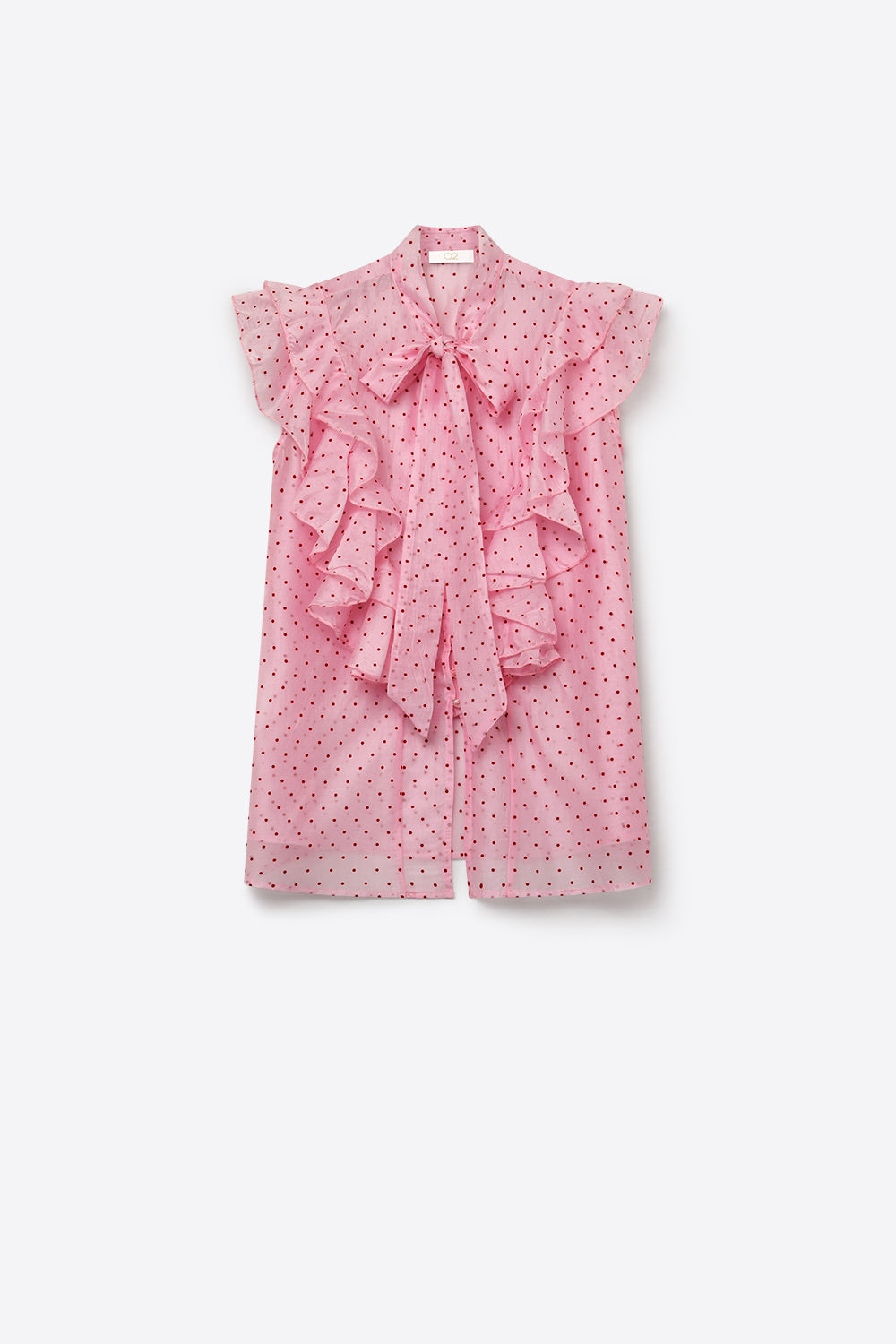 Blusa smanicata con fiocco e volant in chiffon a pois rosa chiaro