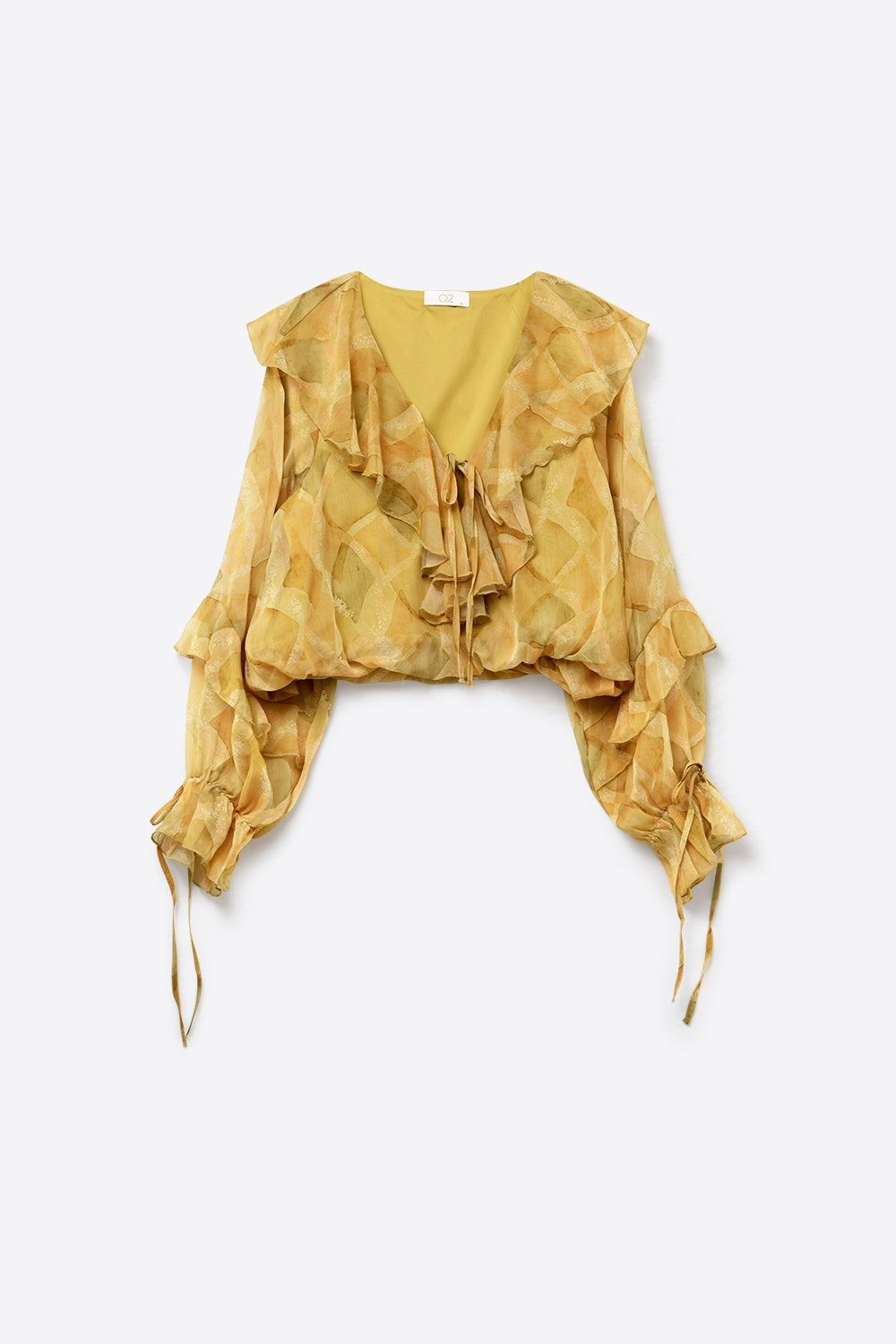 Blusa Trasparente con Volant in Senape e Nodo Frontale