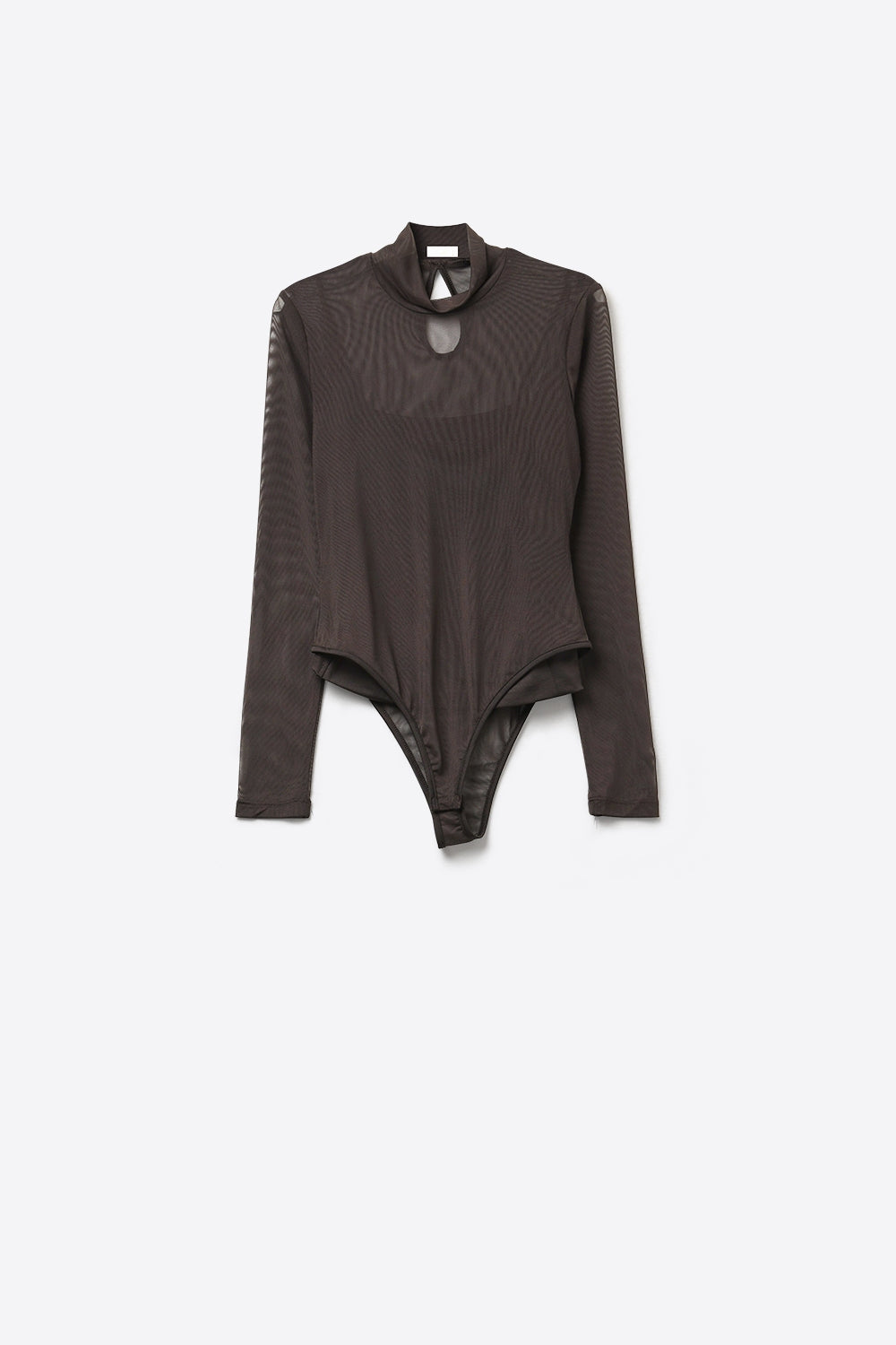 Body a maniche lunghe in mesh marrone trasparente con collo alto