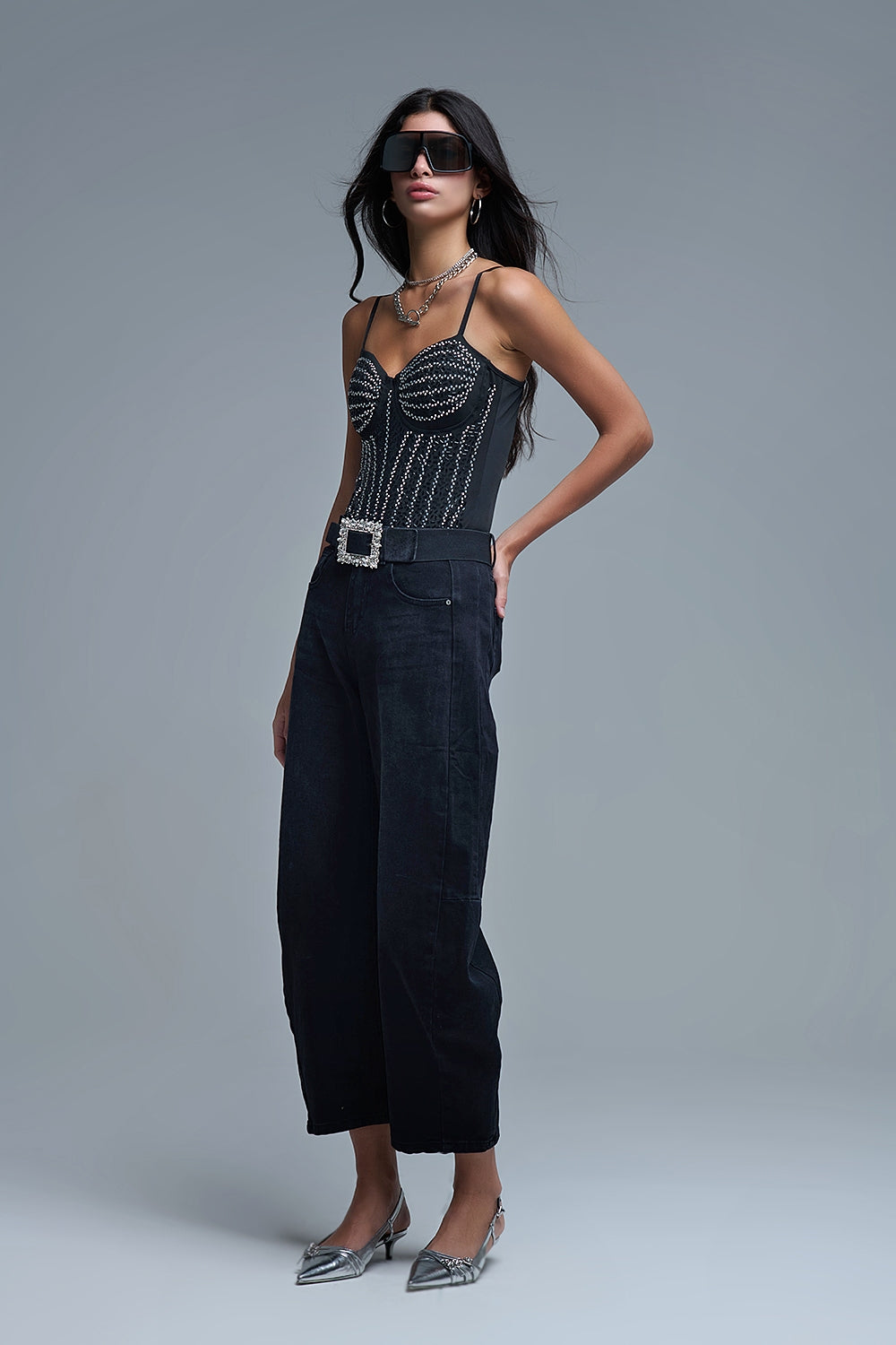 Body snellente per feste con perline in nero