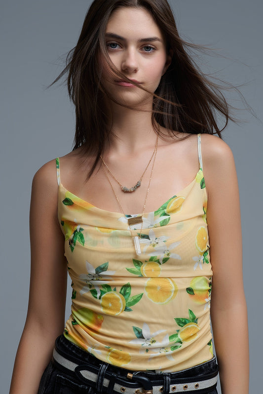 Q2 Body top giallo con stampa di limoni in tessuto a rete