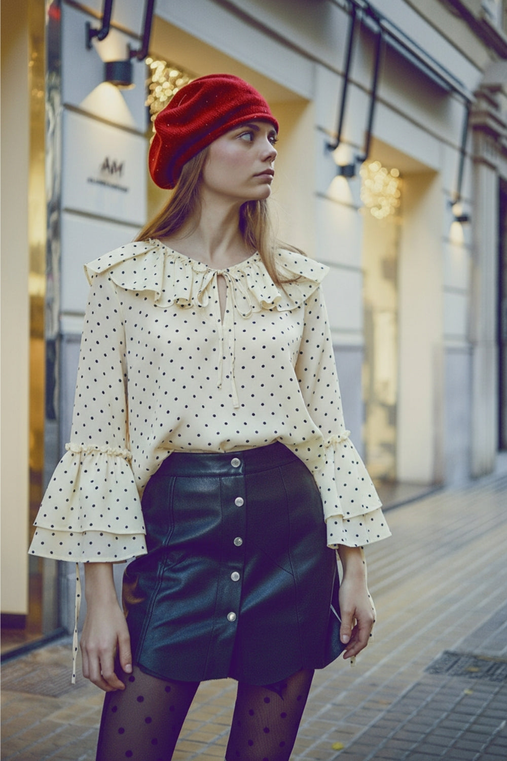 Q2 Camicetta a pois increspata con maniche svasate