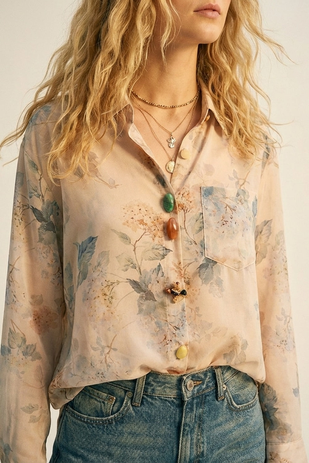 Camicetta beige con stampa floreale e bottoni