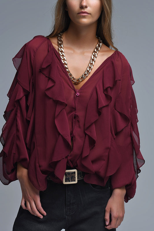 Q2 Camicetta bordeaux con scollo a V e volant all over
