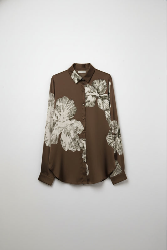 Camicetta Button-Up floreale marrone in tessuto di raso