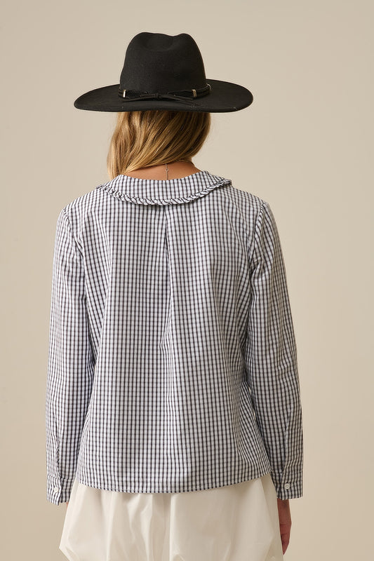 Camicetta con collo a pan di gingham in bianco e nero