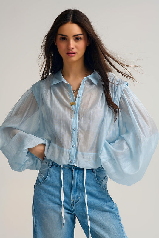 Q2 Camicetta in seta Tencel blu con maniche a palloncino e bottoni nacar