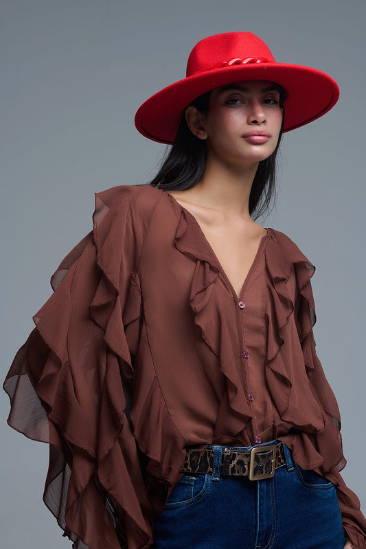 Q2 Camicetta marrone in chiffon con scollo a V e volant all over