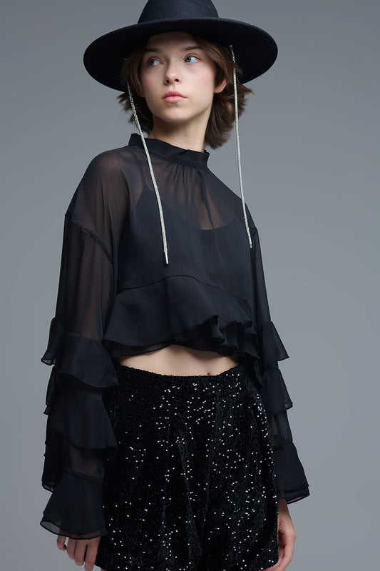 Camicetta nera a mantella in chiffon con ruches