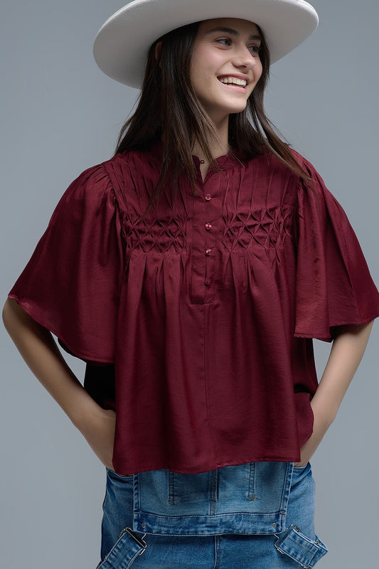Q2 Camicetta rilassata in stile boho color vino con dettagli ricamati