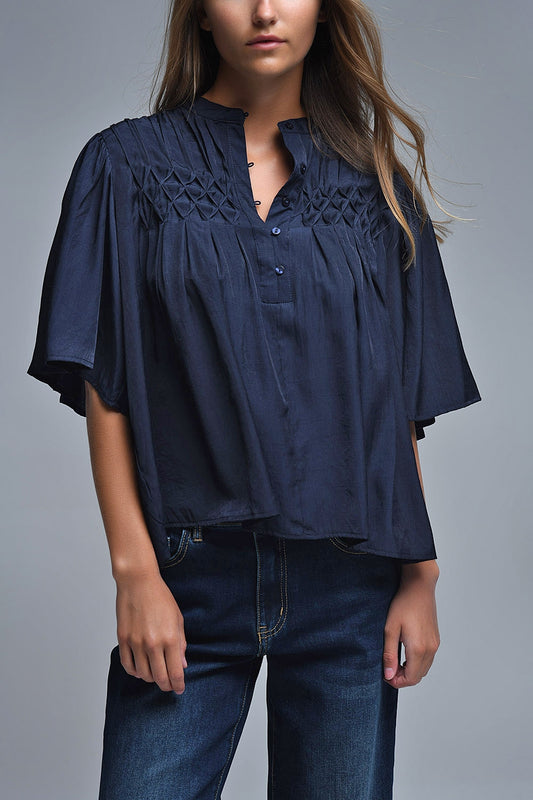 Q2 Camicetta rilassata in stile boho della Marina con dettagli ricamati