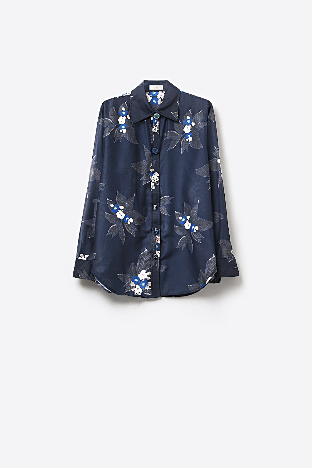Camicia a bottoni floreale blu scuro in chiffon con maniche lunghe