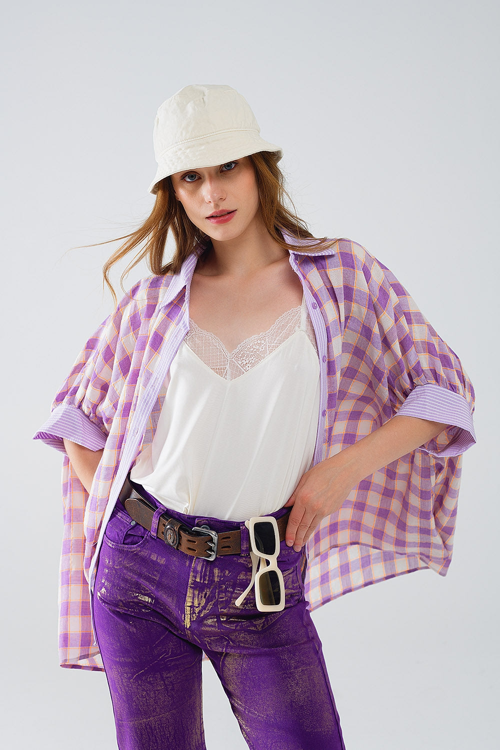 Camicia a maniche corte con stampa check in viola e bianco