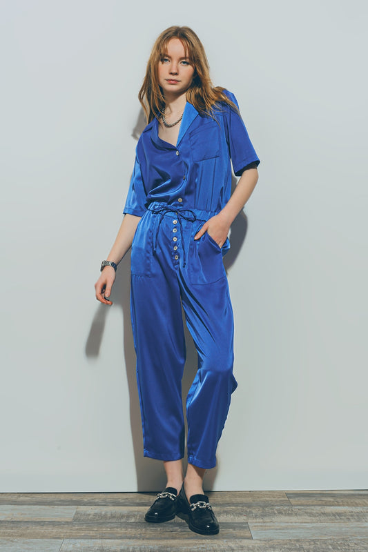 Q2 Camicia a Maniche Corte in Raso Blu