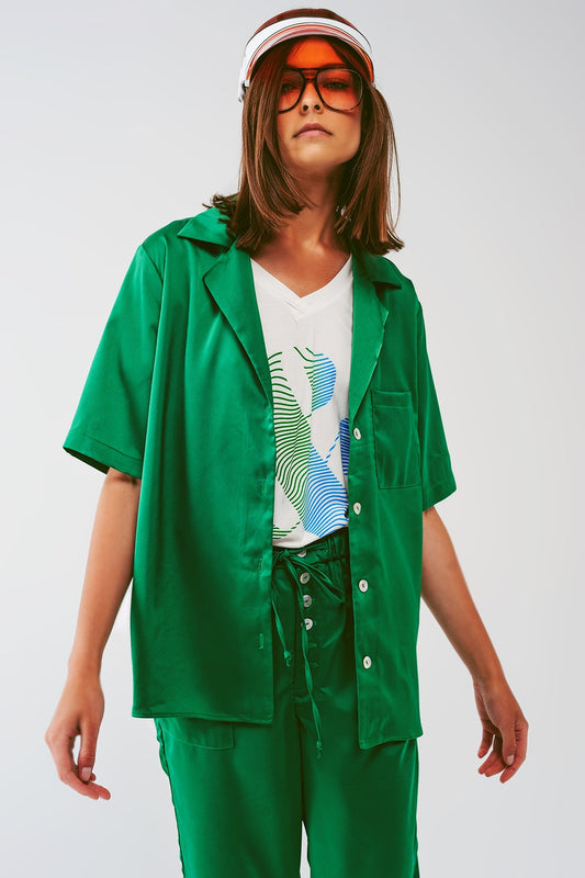 Q2 Camicia a maniche corte in raso verde