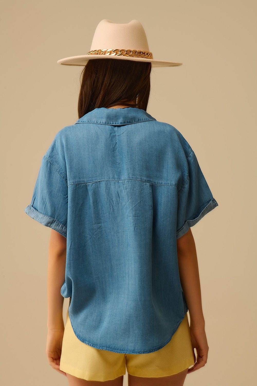 Camicia a maniche corte in Tencel con taschino sul petto in blu