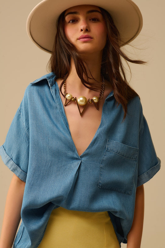 Q2 Camicia a maniche corte in Tencel con taschino sul petto in blu
