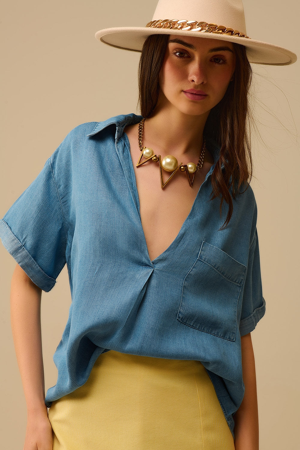 Camicia a maniche corte in Tencel con taschino sul petto in blu
