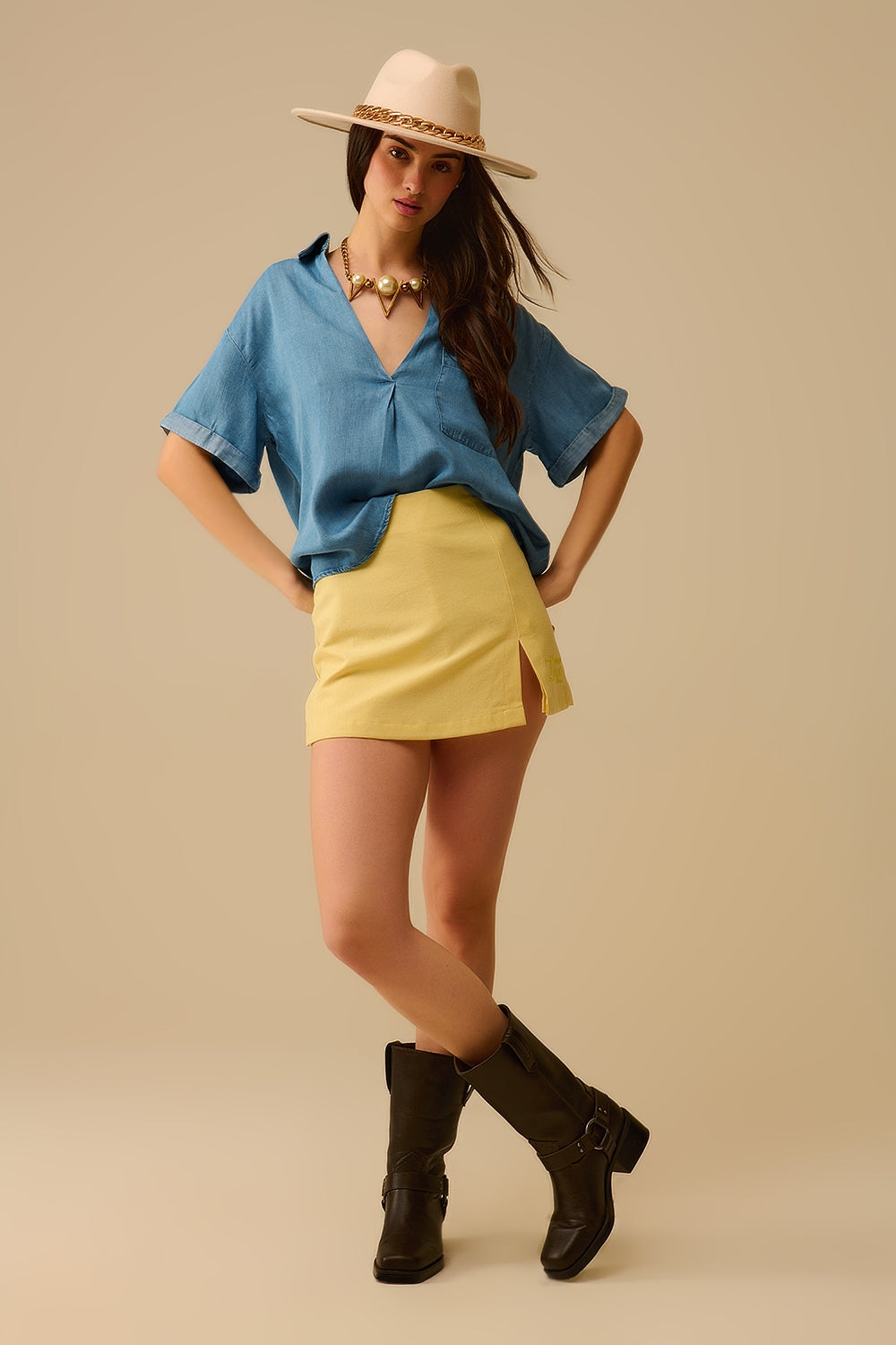 Camicia a maniche corte in Tencel con taschino sul petto in blu
