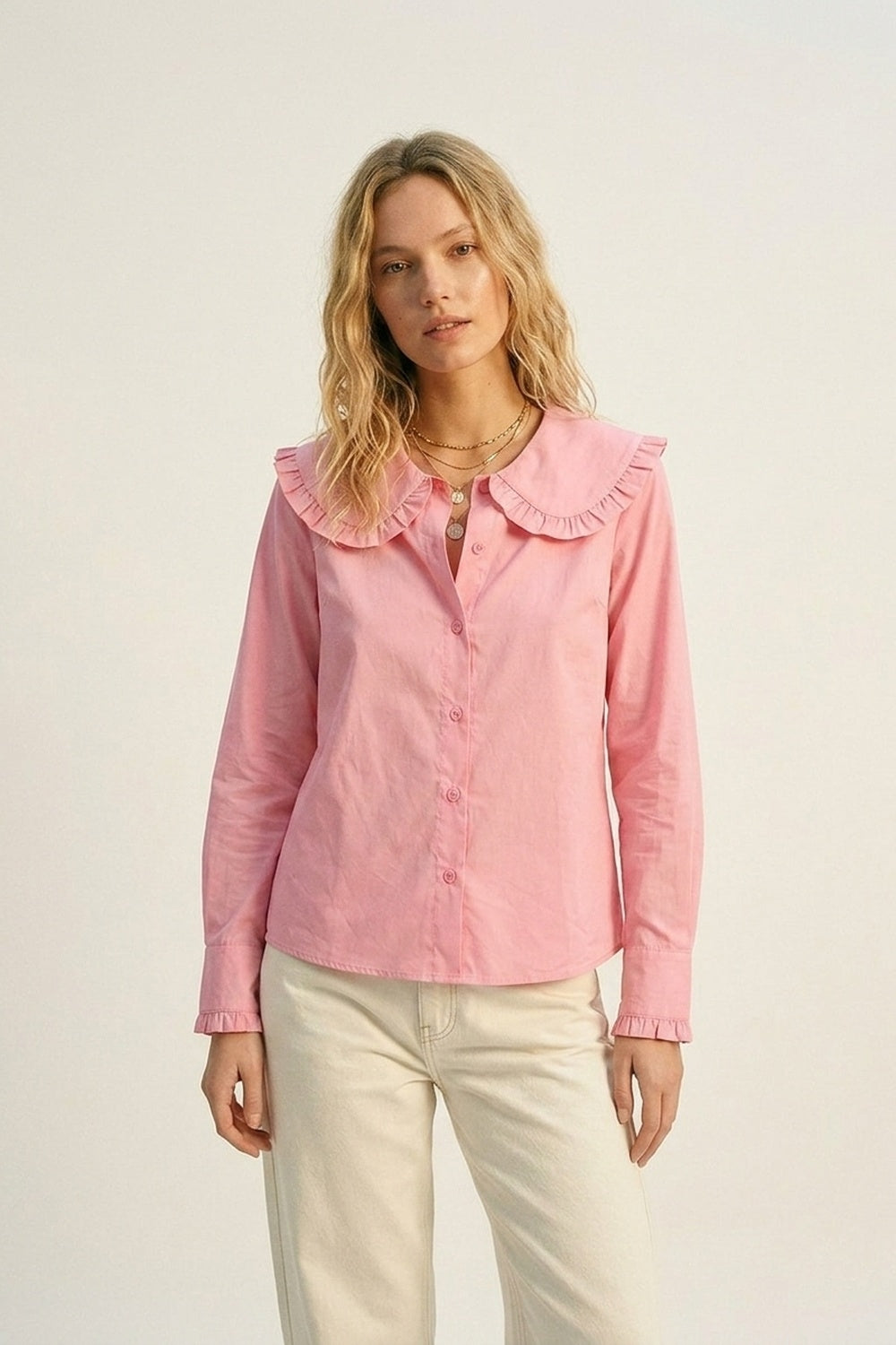 Q2 Camicia a Maniche Lunghe con Colletto Prairie con Rouches in Popeline di Cotone Rosa