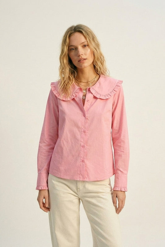 Q2 Camicia a Maniche Lunghe con Colletto Prairie con Rouches in Popeline di Cotone Rosa