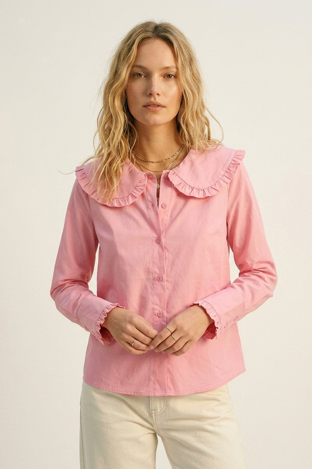 Camicia a Maniche Lunghe con Colletto Prairie con Rouches in Popeline di Cotone Rosa