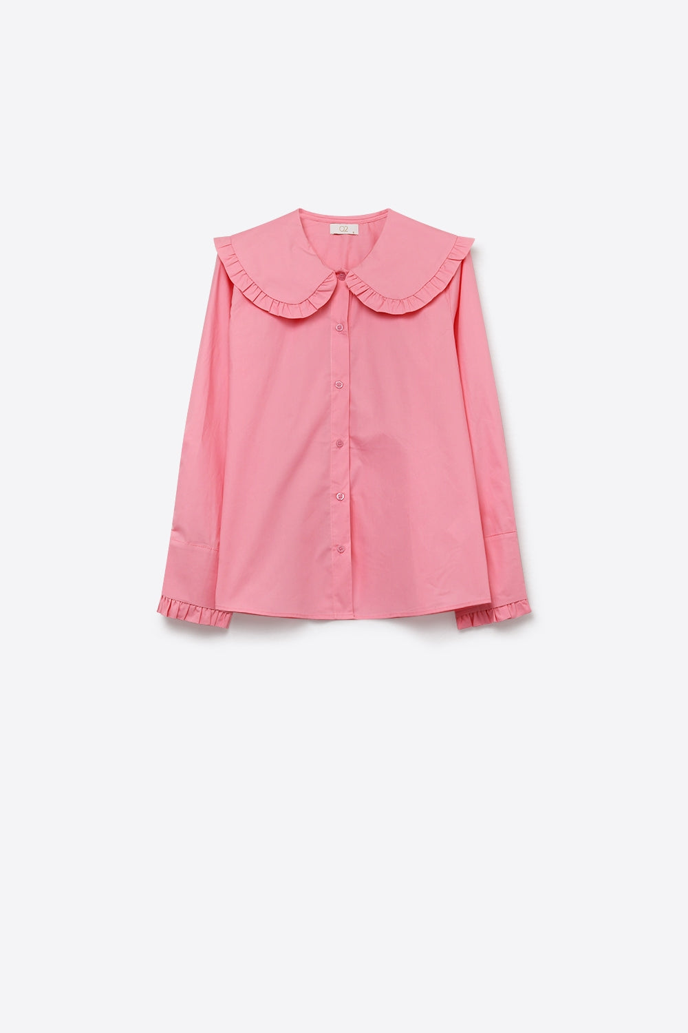 Camicia a Maniche Lunghe con Colletto Prairie con Rouches in Popeline di Cotone Rosa