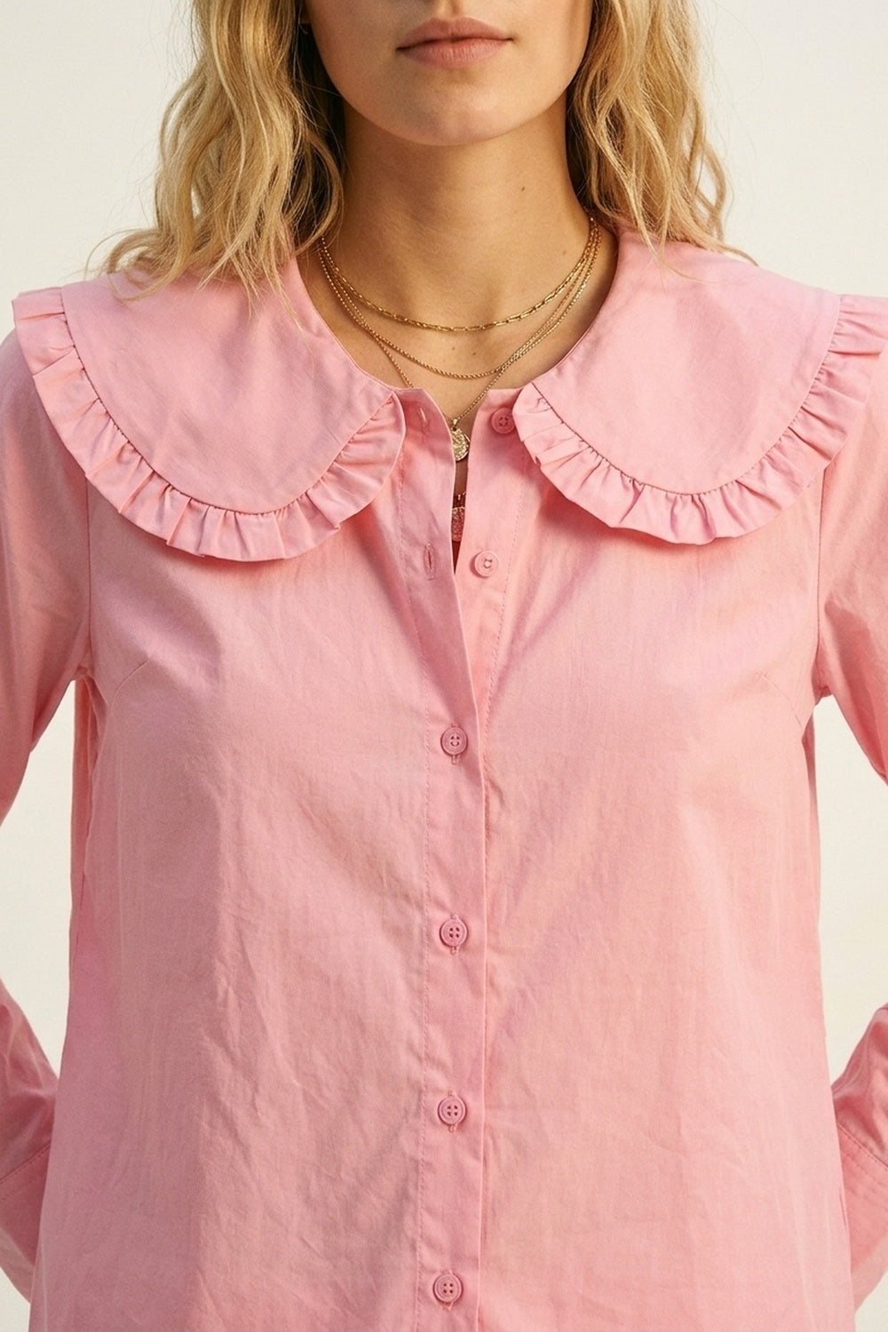 Camicia a Maniche Lunghe con Colletto Prairie con Rouches in Popeline di Cotone Rosa