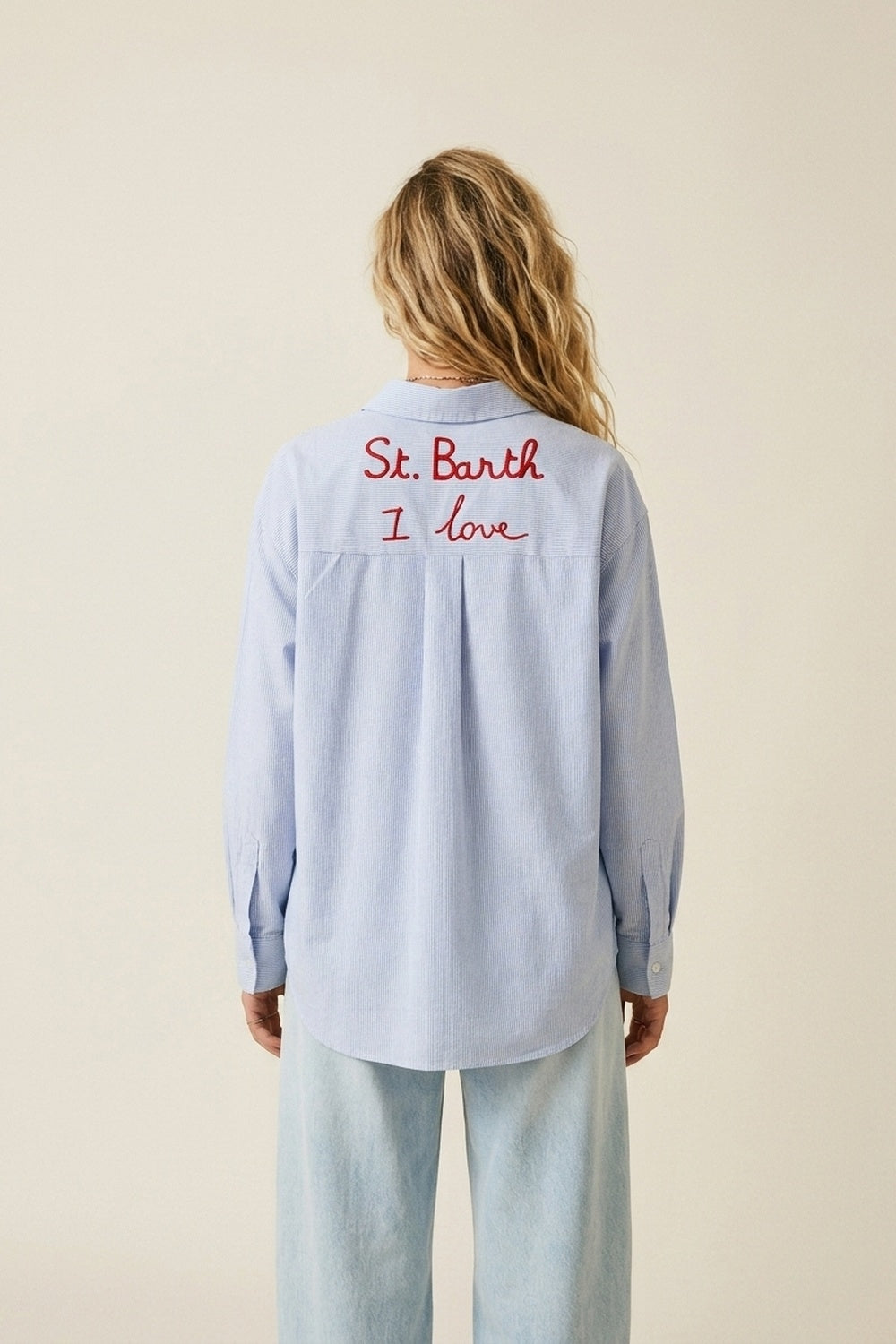 Camicia a righe azzurra con dettagli ricamati St Barth