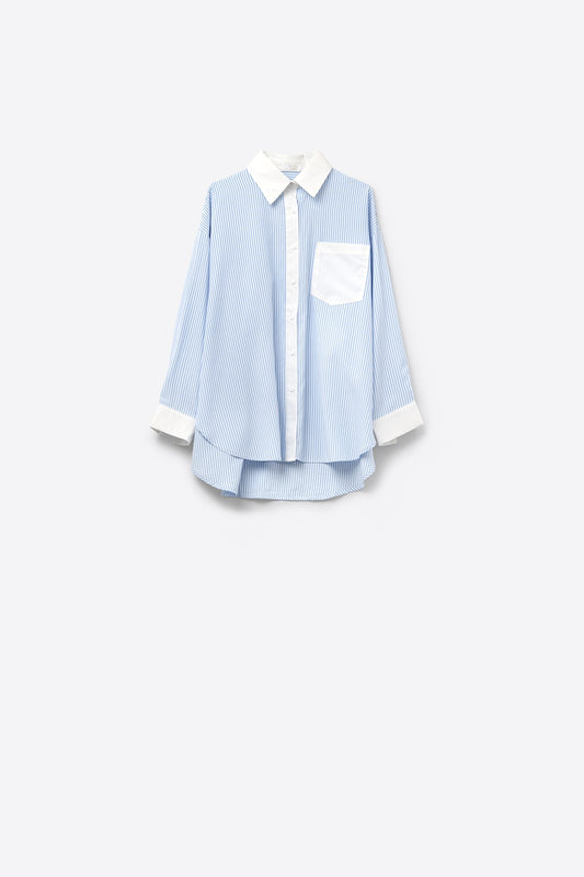 Q2 Camicia a righe blu con tasca e colletto bianco