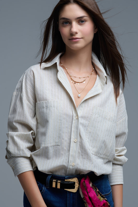Q2 Camicia a righe rilassata con tasche sul petto oversize